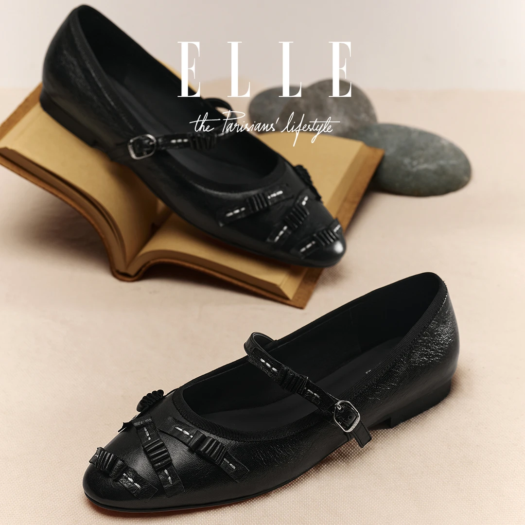 ELLE高级感洋气平底玛丽珍女鞋浅口褶皱设计小皮鞋轻奢软底芭蕾鞋