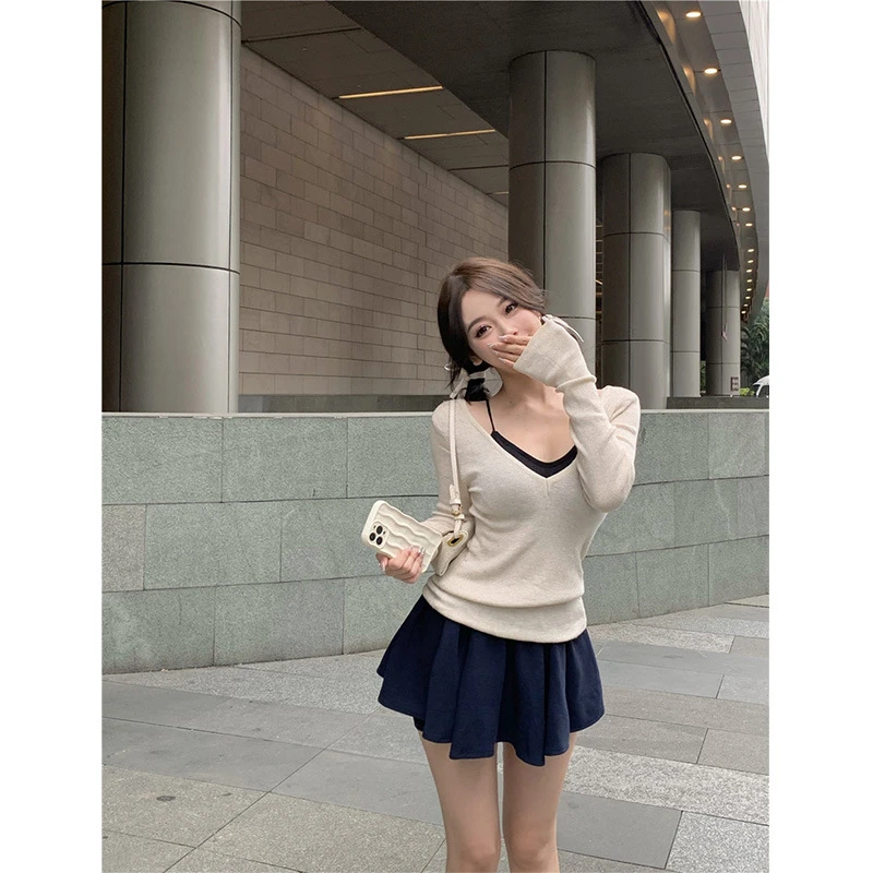 辣妹纯欲套装女长袖针织罩衫吊带上衣春秋高腰半身裙短裙子两件套