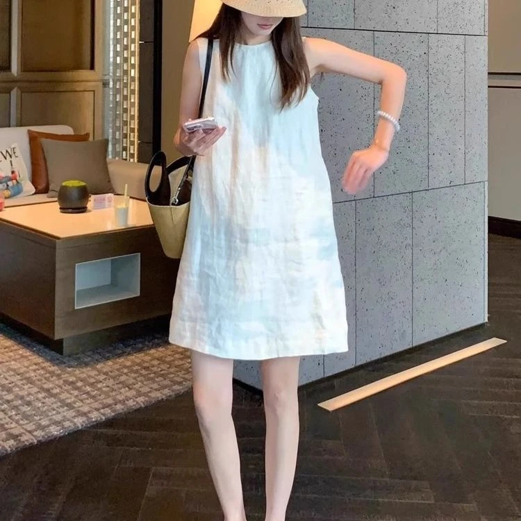 简约高级感法式休闲显瘦无袖棉麻短裙女夏季老钱风白色亚麻连衣裙