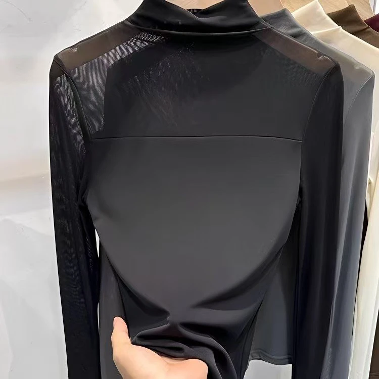2025新款透视网纱黑色半高领高级感打底衫内搭网红洋气炸街女装
