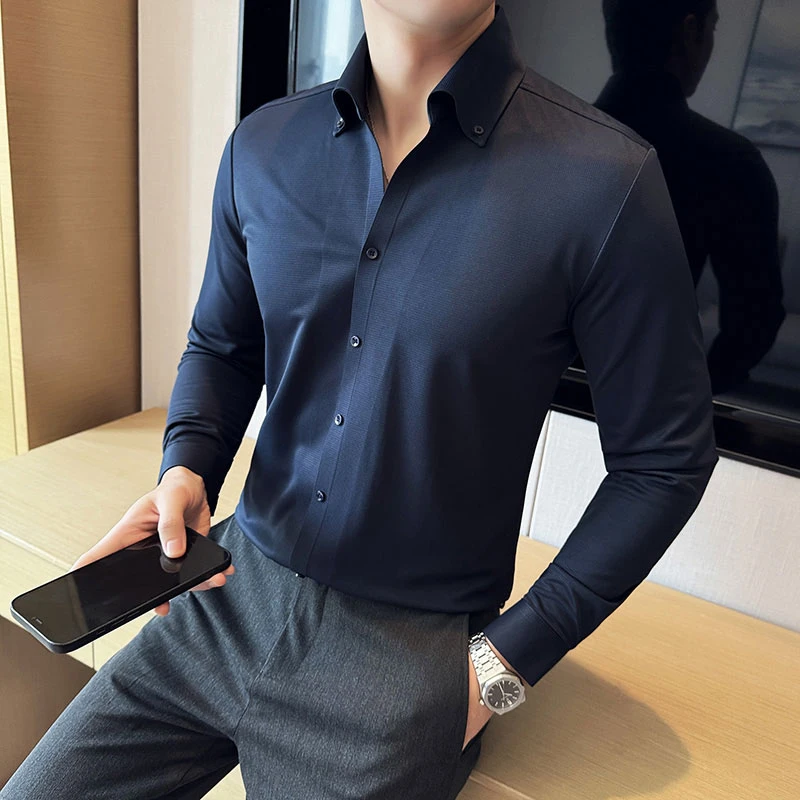 高级感华夫格v领衬衫男长袖修身春秋商务休闲时尚无痕弹力衬衣男