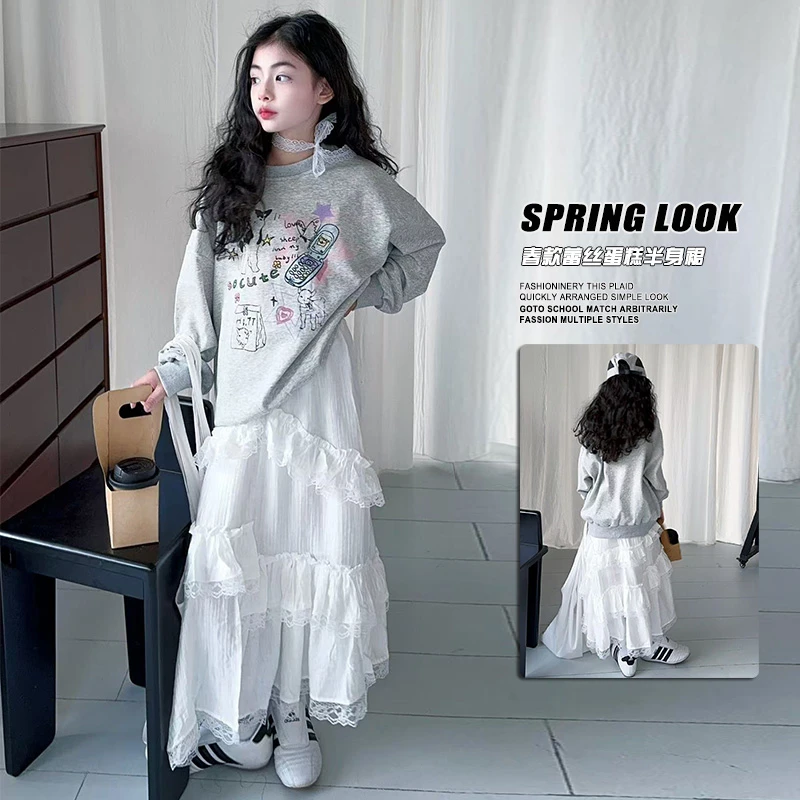 女童连衣裙套装春秋款2025新款中大童韩系穿搭洋气卫衣蛋糕半身裙