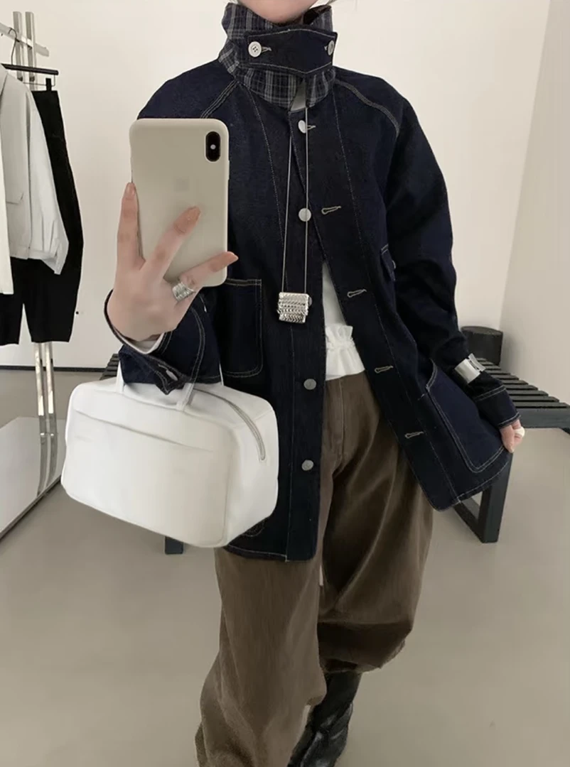 老钱风防褪色中长款牛仔外套