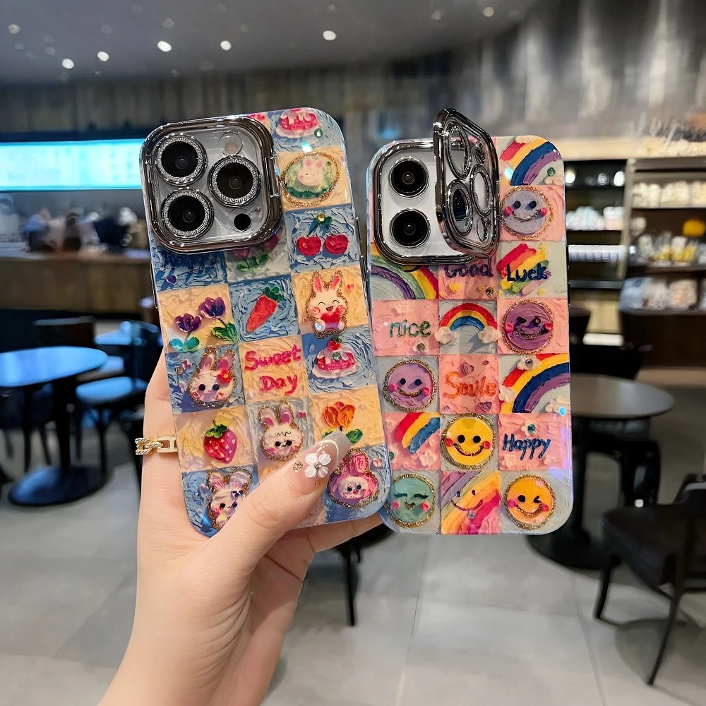 可爱油画兔子适用苹果16promax新款iPhone15手机壳闪粉镜头支架14