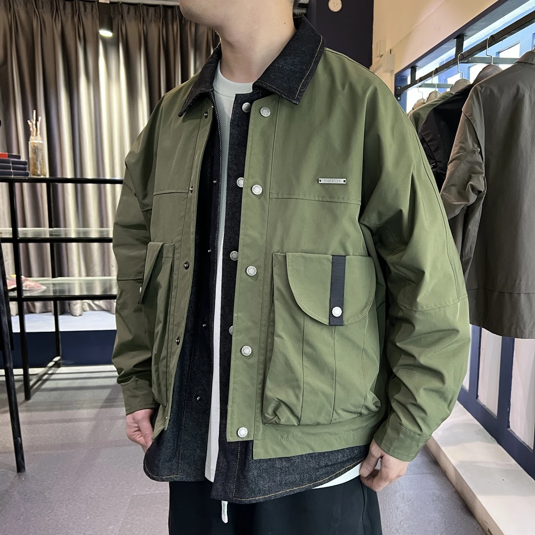 谢生严选【牛仔拼接假两件夹克】秋季翻领设计感休闲时尚外套#2418