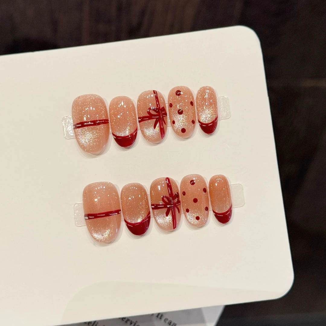 艺禾W系列【裸韵红礼】裸闪红结美甲贴片 甜嫩裸透手工穿戴甲