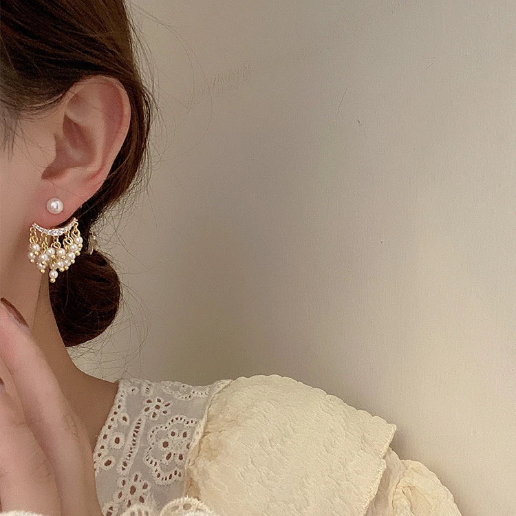 铜合金耳饰 超仙高级感锆石珠珠流苏个性简约百搭气质时尚耳钉