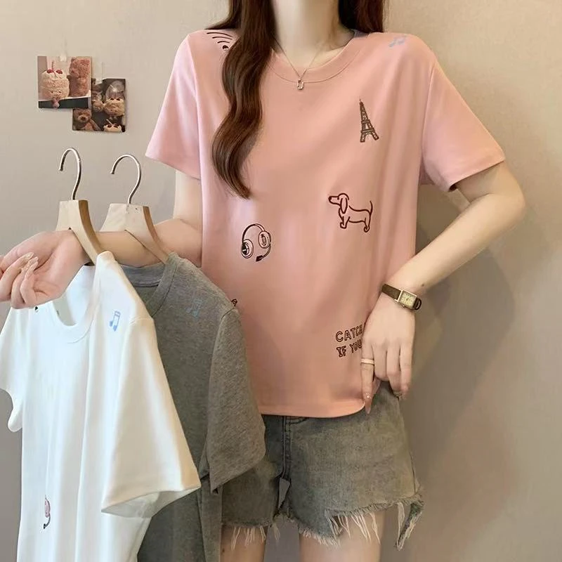 韩版卡通刺绣短袖T恤2025春夏装新款大码胖mm百搭显瘦遮肉青春