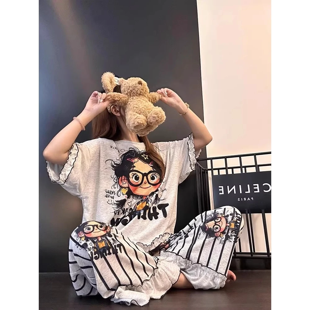 带胸垫【眼镜萌妹】韩风圆领女孩短袖睡衣女可爱宽松凉感家居服套装