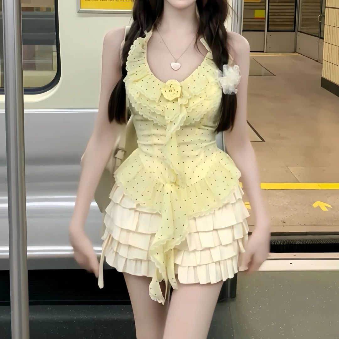 奶油布丁 夏季新款洋气可爱甜美公主纯欲风法式上衣蓬蓬裙短裙女