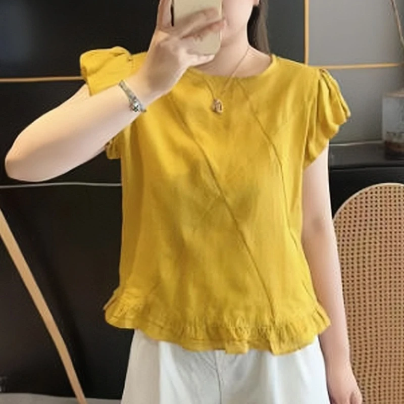 设计感荷叶边短袖衬衫女2025夏季宽松时尚显瘦遮肚高级感亚麻上衣