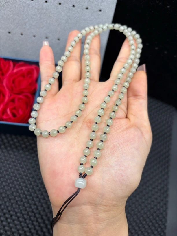 精美天然和田玉青白圆珠5mm玉石挂坠绳项链长链毛衣链手工编织