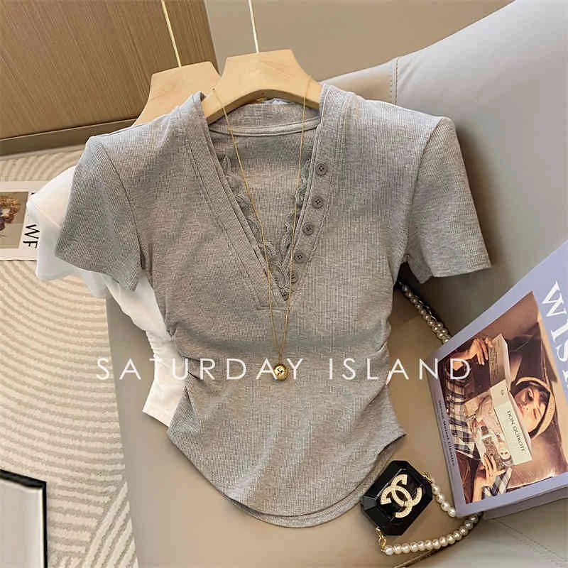 法式复古设计蕾丝拼接V领短袖T恤女2025夏季新款小众褶皱修身上衣