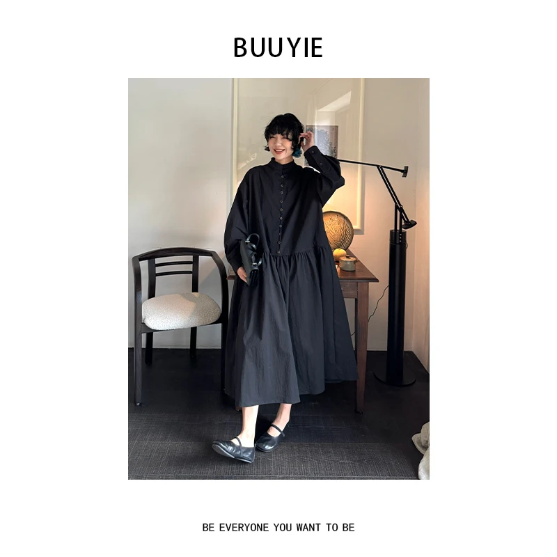BUUYIE 25SS【雾缬】极简风高级感洋气长袖黑色连衣裙 2507106