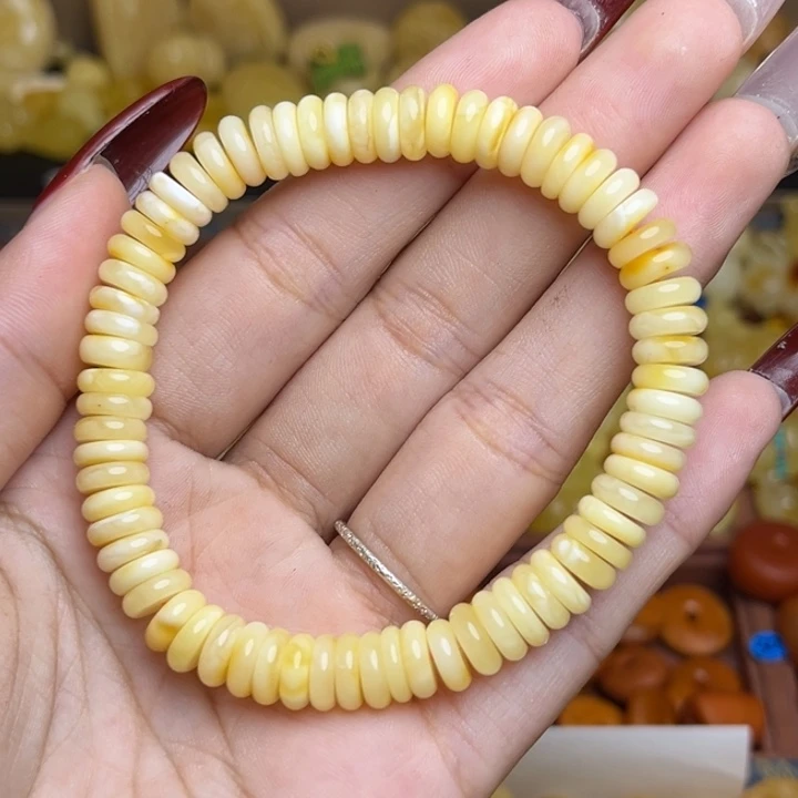 蜜蜡未镶嵌珠宝奇石满蜡白妖花俏色算盘珠手串微微瑕