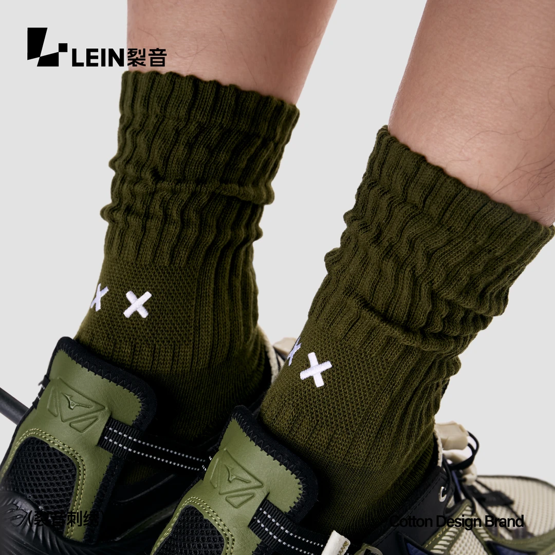LEIN裂音新款袜子男款刺绣中筒袜日系潮流堆堆袜吸汗透气防臭长袜