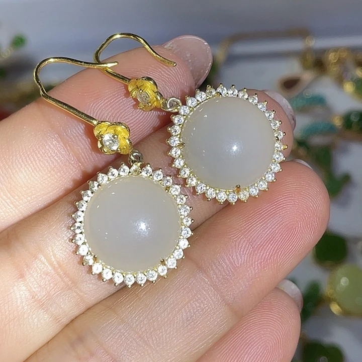 银S925镶嵌和田玉（白玉）耳饰