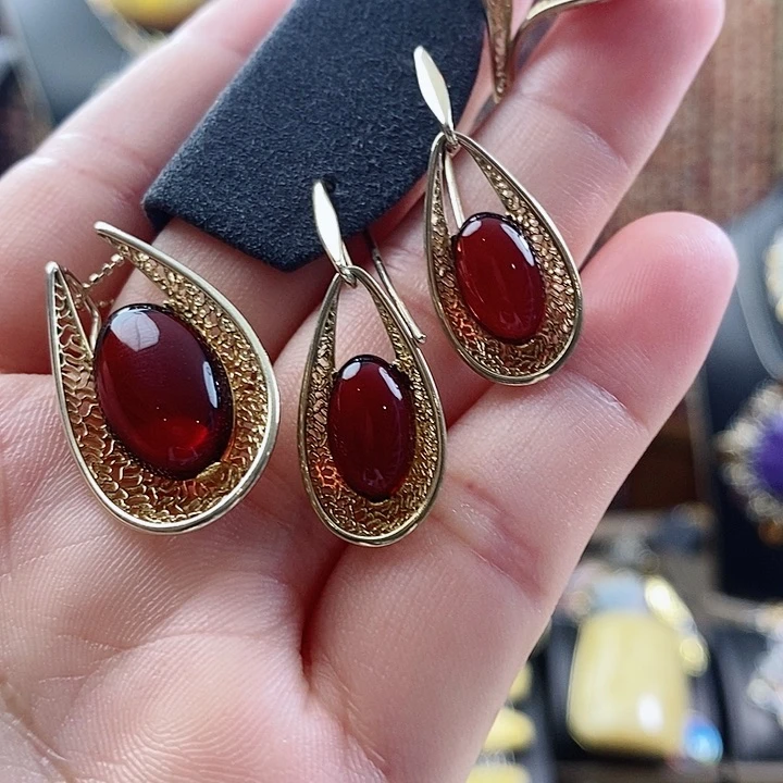 琥珀颈饰银S925镶嵌套装不含链