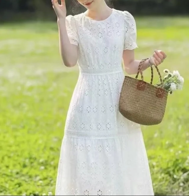 【商场同款】新款女装2025夏圆领泡泡袖中长裙收腰绣花a字连衣裙子