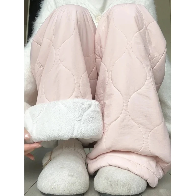 粉色棉裤女秋冬羊羔绒2025新款加绒保暖休闲加厚东北防风加绒裤子