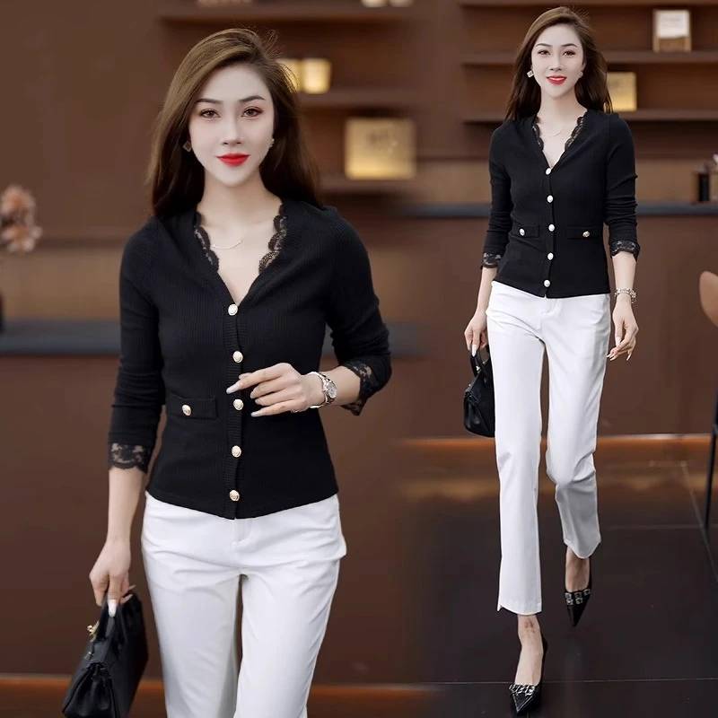 小香风蕾丝边v领t恤女2025春季新款高级感修身短款内搭长袖打底衫