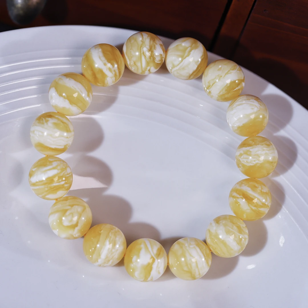 15mm+俄料高货保真天然金瓷白蜡妖花虎皮纹千层圆珠蜜蜡手串单圈