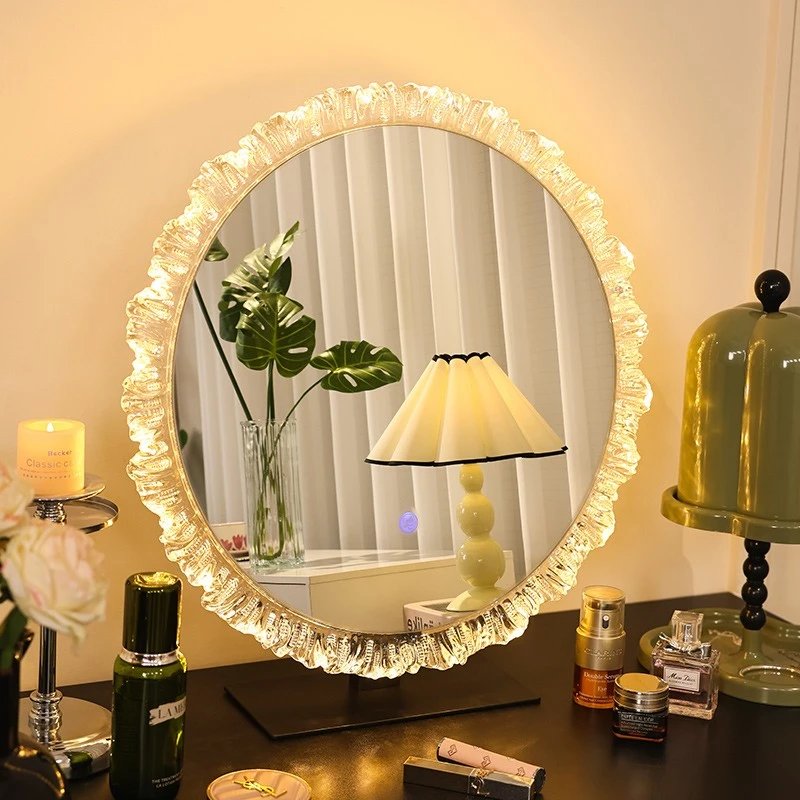化妆镜轻奢法式带灯台式桌面led灯补光主卧室亚克力梳妆异形镜子