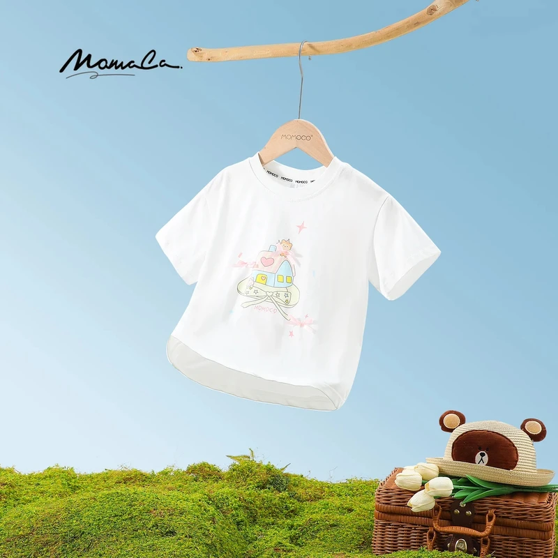 MOMOCO夏季女童7A抗菌蝴蝶结学院休闲时尚短袖T恤77630235027