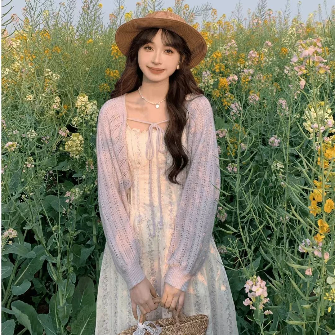 2025春季新款温柔风花边吊带连衣裙女修身显瘦外搭针织衫两件套装