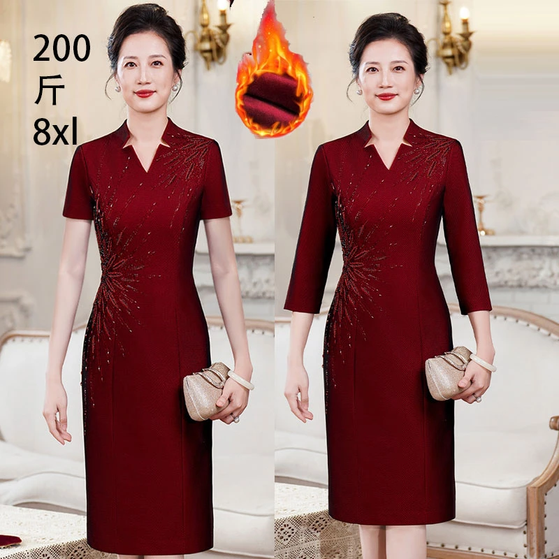 8XL日常可穿200斤连衣裙女高端喜婆婆婚宴礼服中老年妈妈加绒旗袍