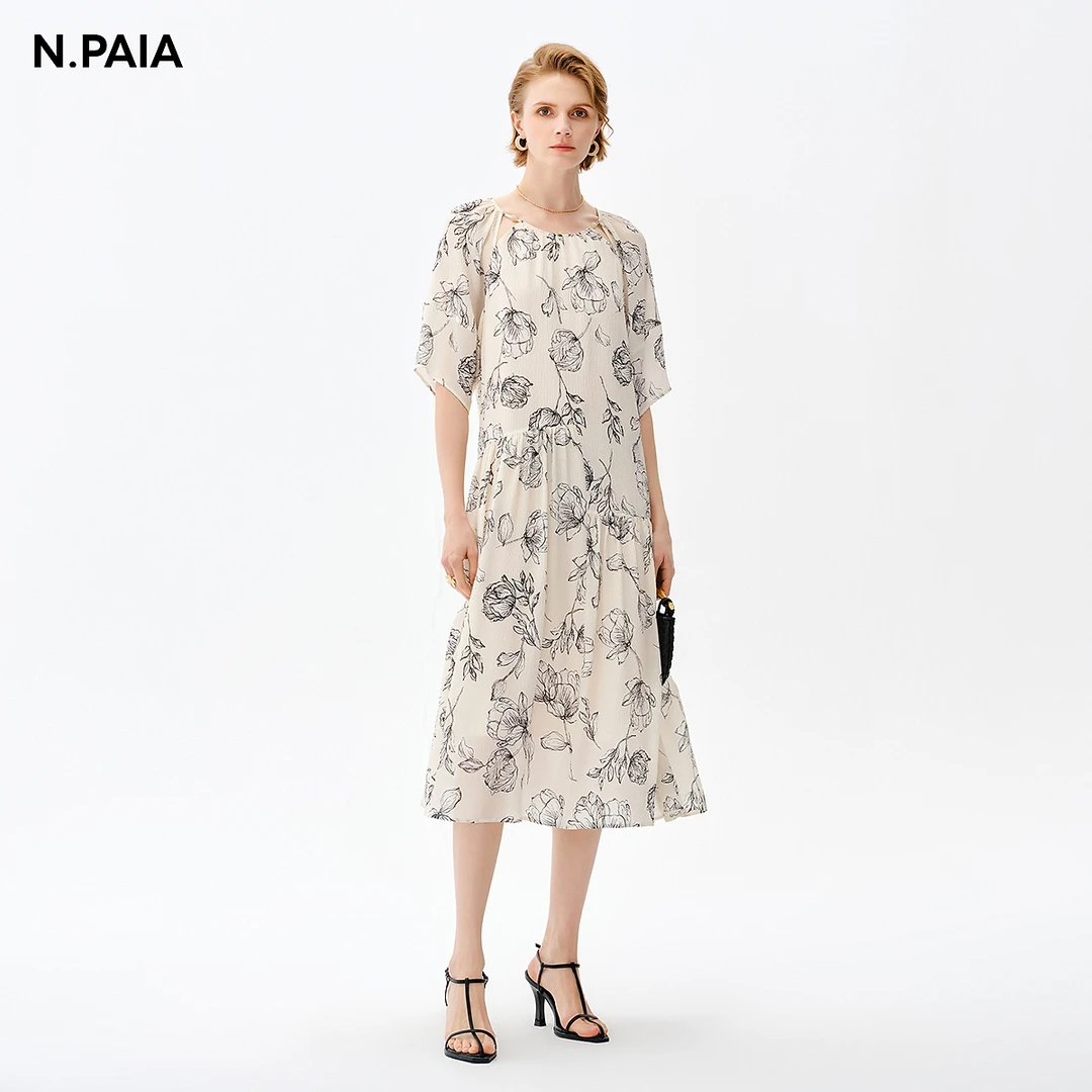 【可可专属】【桑蚕丝】恩派雅镂空肩高腰系带长款连衣裙XNJES4604A