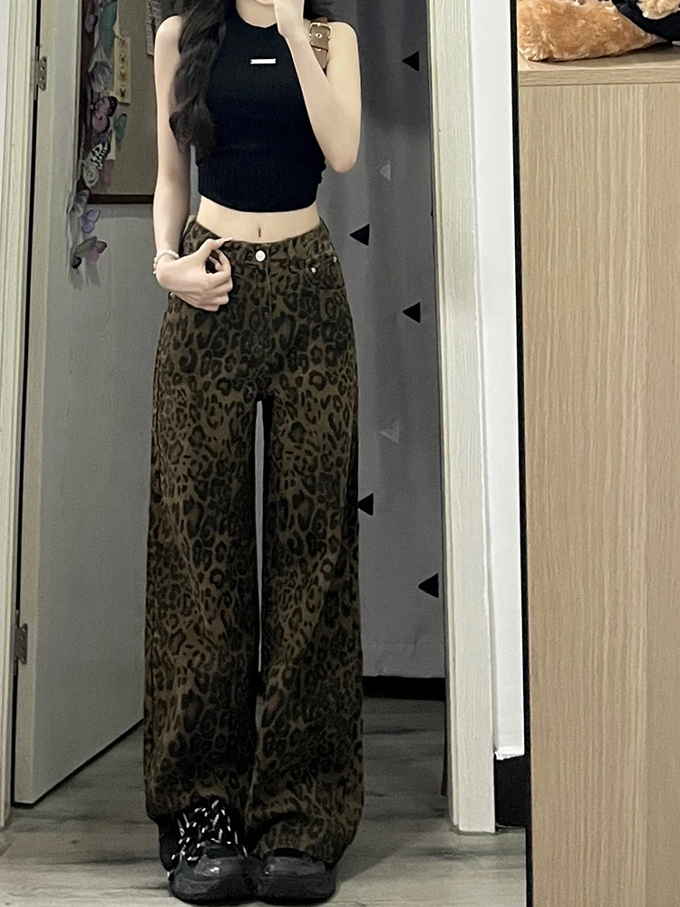 大码微胖美式春季2025新款复古豹纹牛仔裤女直筒宽松阔腿高街长裤