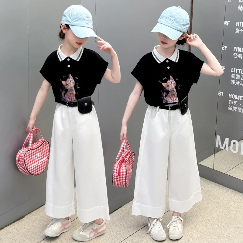 女童夏装套装2025新款洋气儿童polo衫短袖T恤白色阔腿裤两件套潮