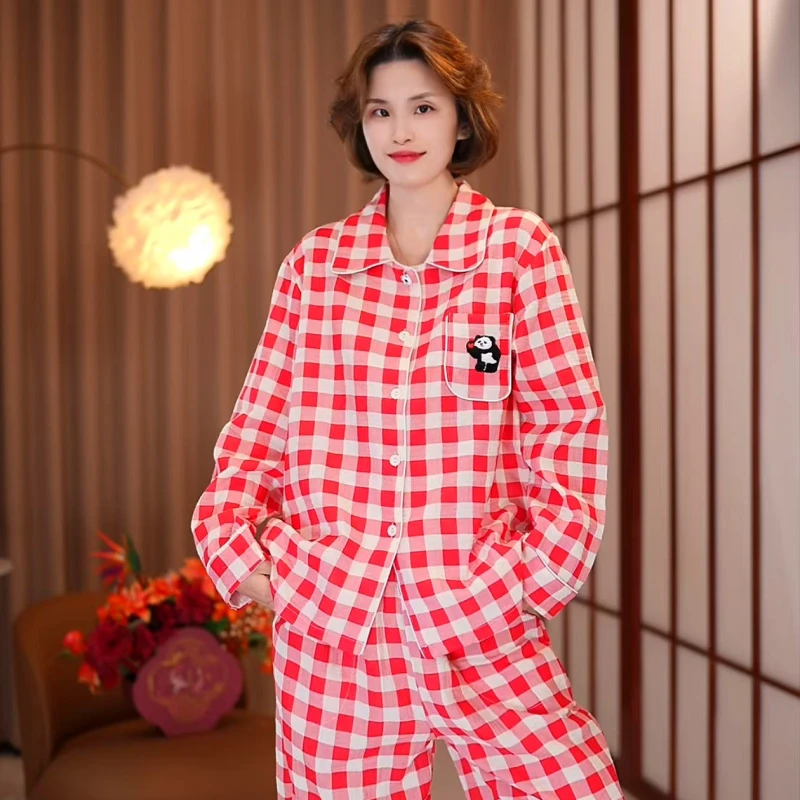 芙蓉世家【红格子小熊猫】春夏新品纯棉100舒适家居服套装可外穿