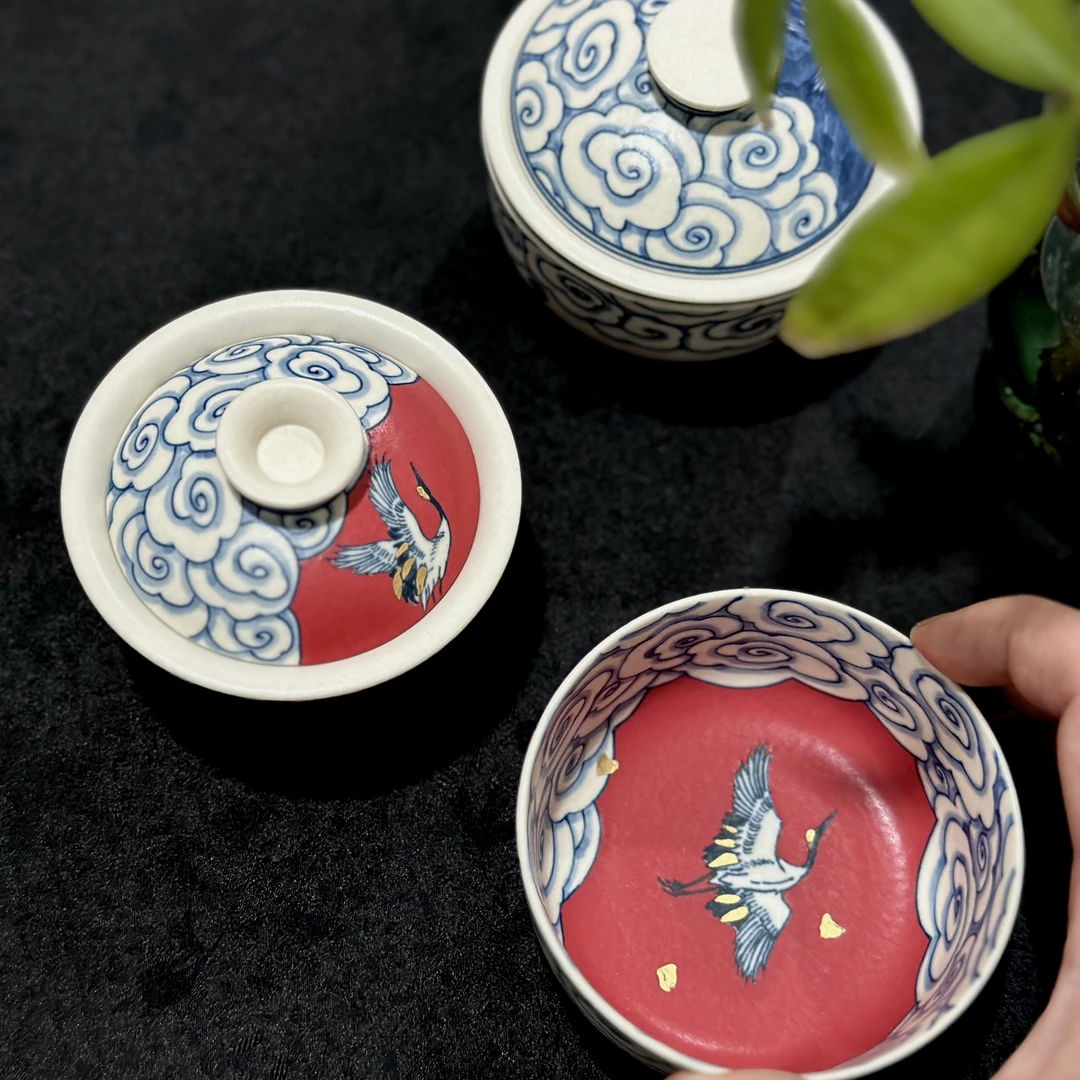 【烟火】李虎城仙鹤盖碗纯手绘釉下彩盖碗描金茶杯创意陶瓷家用茶具