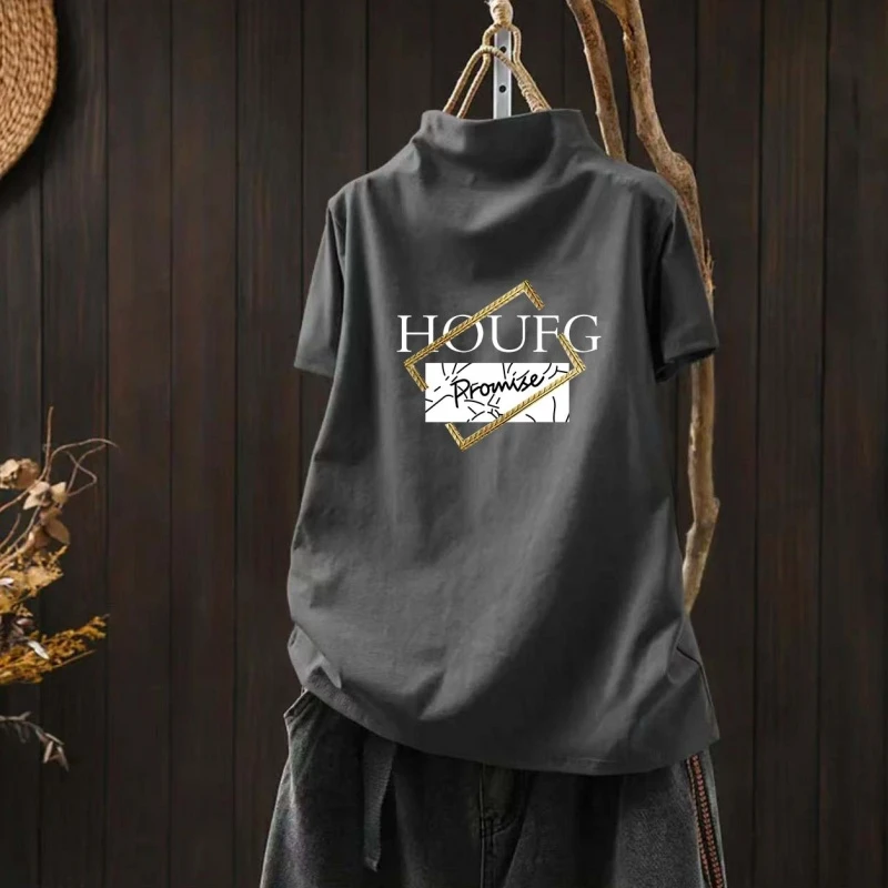 时尚半高领宽松显瘦短袖t恤女夏季新款2025年中长款洋气打底上衣