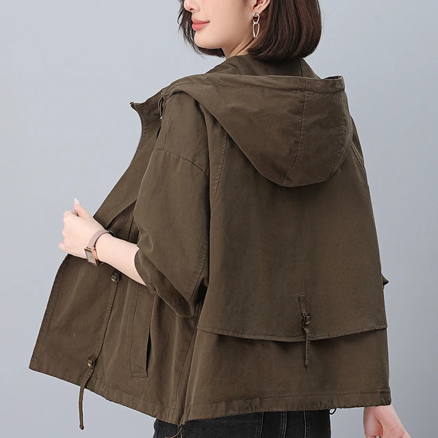 杭州意法风衣女款2025新款春秋短款小个子休闲宽松纯棉连帽外套女