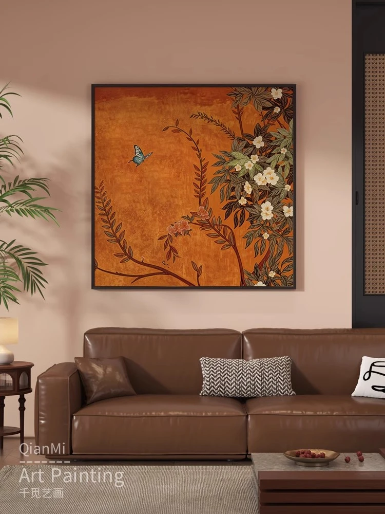 中式沙发背景墙装饰画玄关古典客厅背景墙挂画茶室餐厅正方形壁画