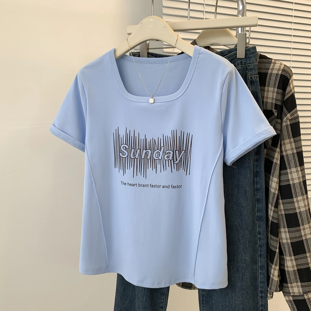 胖妹妹上衣2025春夏新款正肩U领短袖韩版遮肚t恤鱼骨显瘦