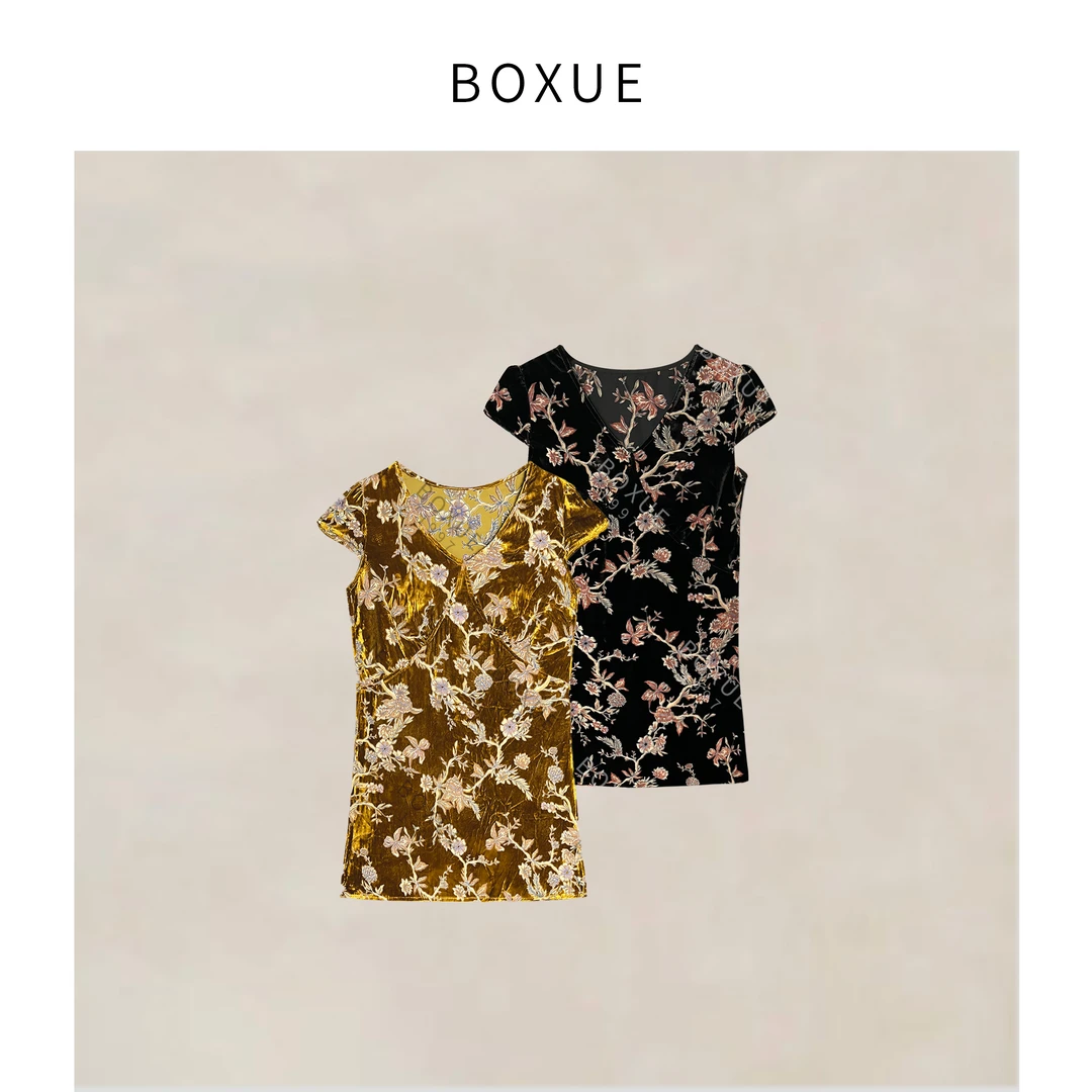 BOXUE”金绣”2025夏季新款高级感小花轻奢 T恤#250530T2746
