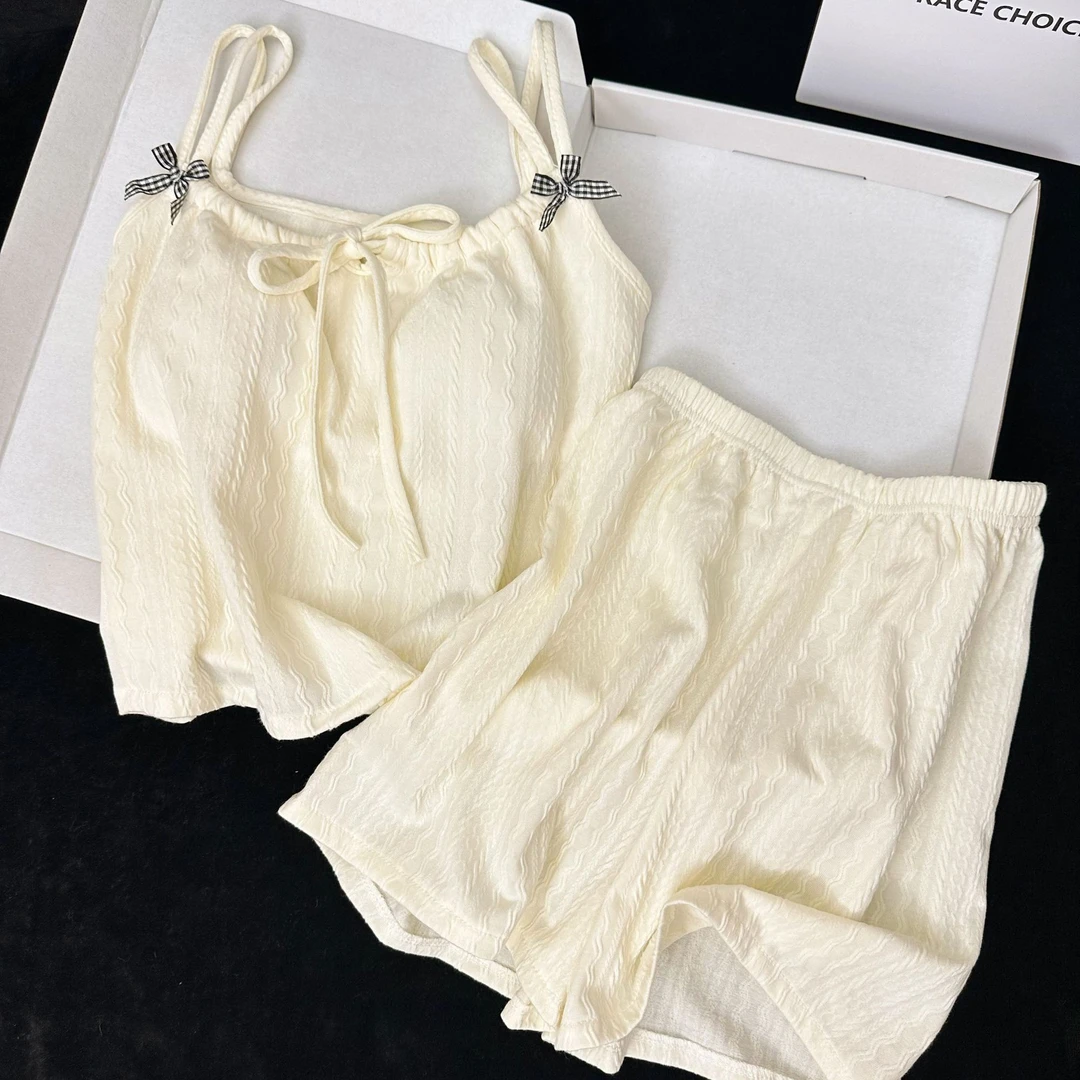 夏日奶油风少女吊带短裤睡衣薄款提花纯色修身高级性感家居服套装