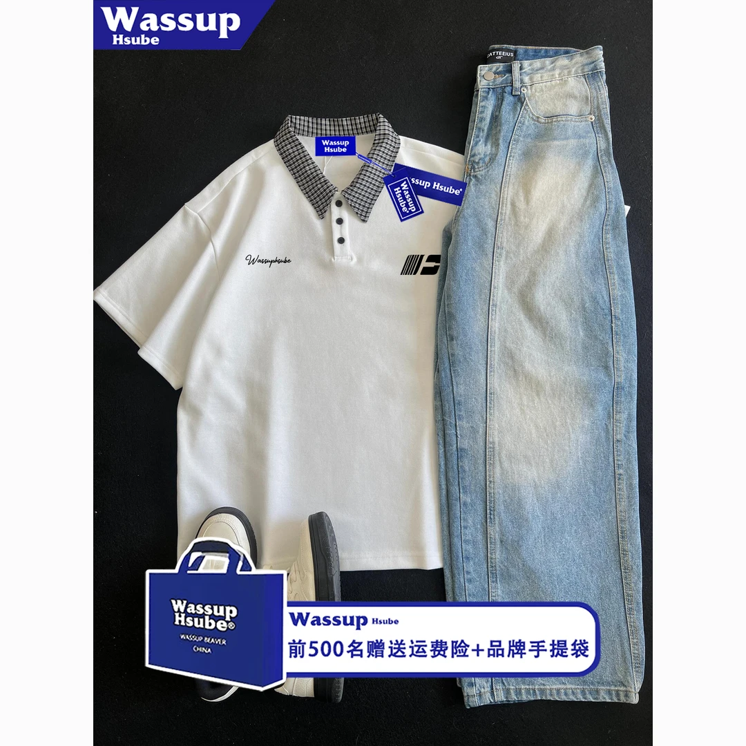WASSUP HSUBE撞色格子拼接短袖T恤男夏韩系慵懒风宽松POLO衫上衣