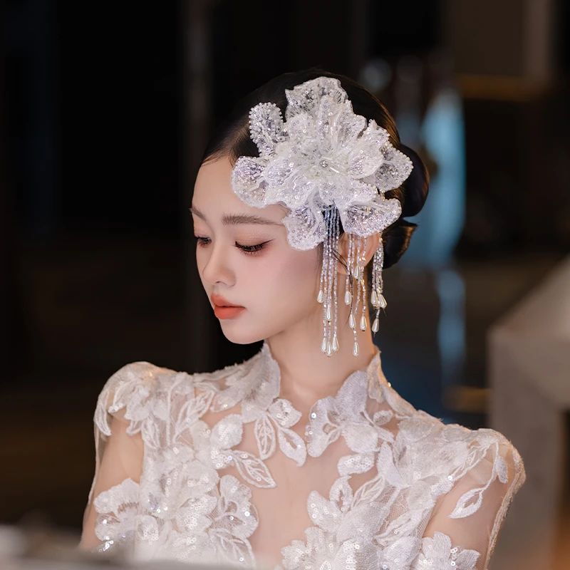 非金属布艺婚庆饰品 新娘复古蕾丝手工花朵流苏婚纱旅拍配饰D0601
