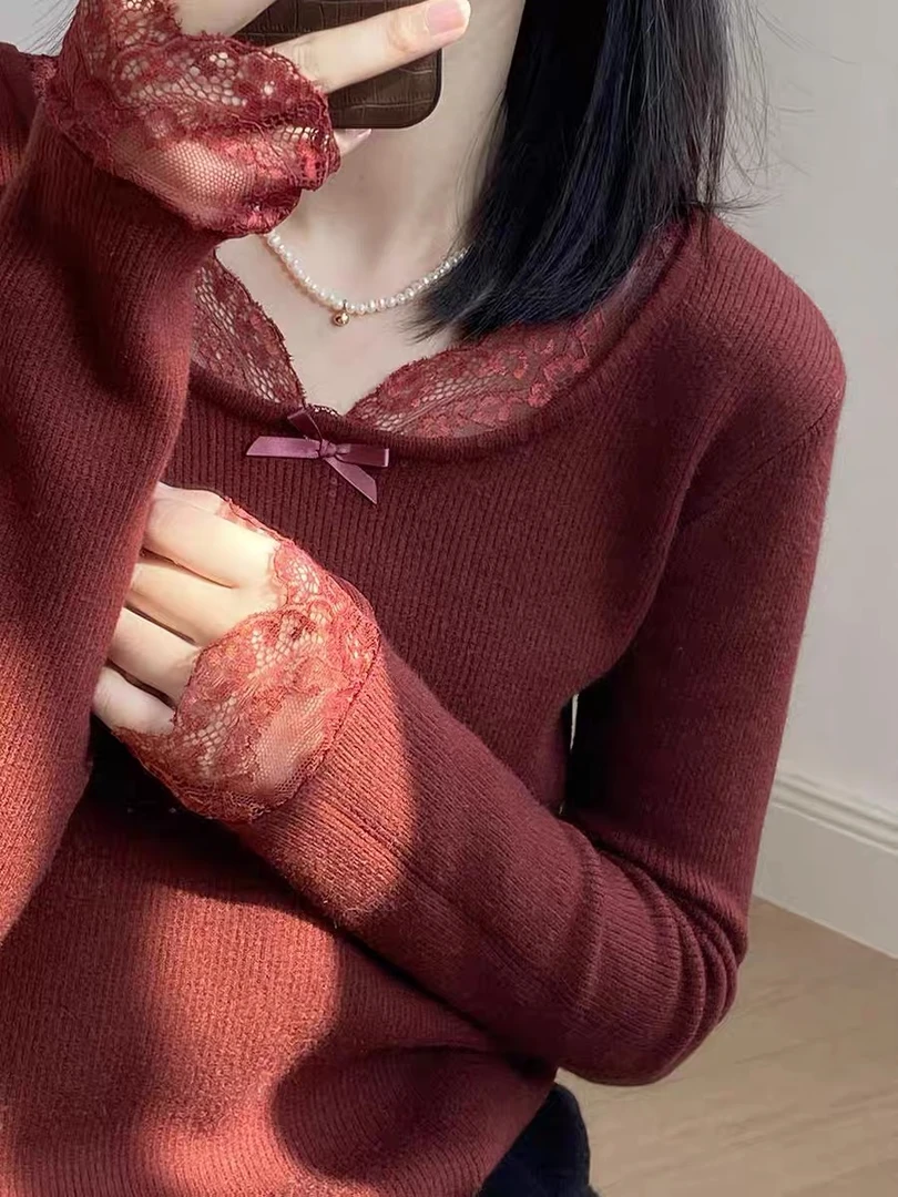 041-2-CQ红色加绒蕾丝边针织上衣（80-135）