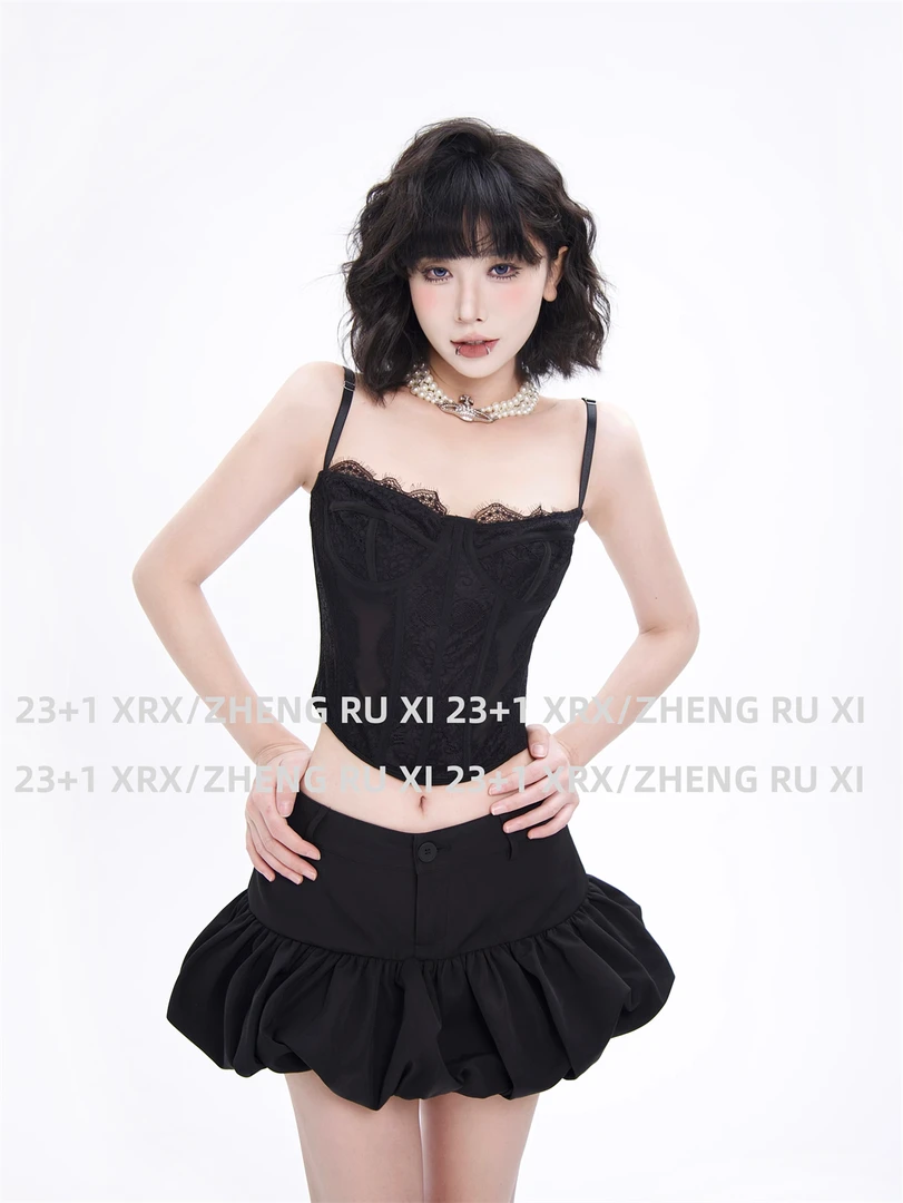 付新博女装蕾丝吊带背心女内搭纯欲风辣妹外穿收腰鱼骨上衣00730