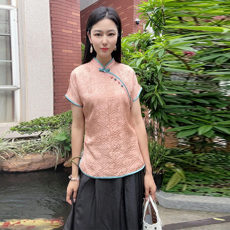 桑蚕丝提花国风百搭时尚气质短袖上衣WB2504639