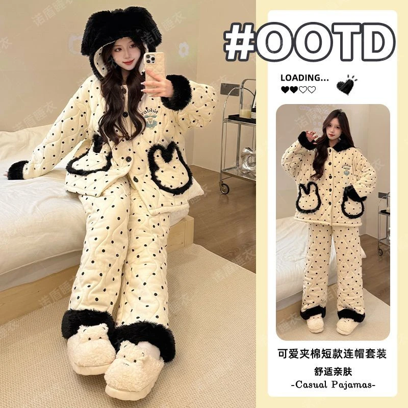 加绒加厚2025年冬季新款三层夹棉睡衣女珊瑚绒家居服外穿套装女士