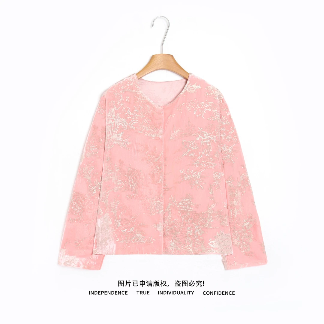 温温【浅语】真丝丝绒外套女春季新中式提花雅致国风气质上衣4305