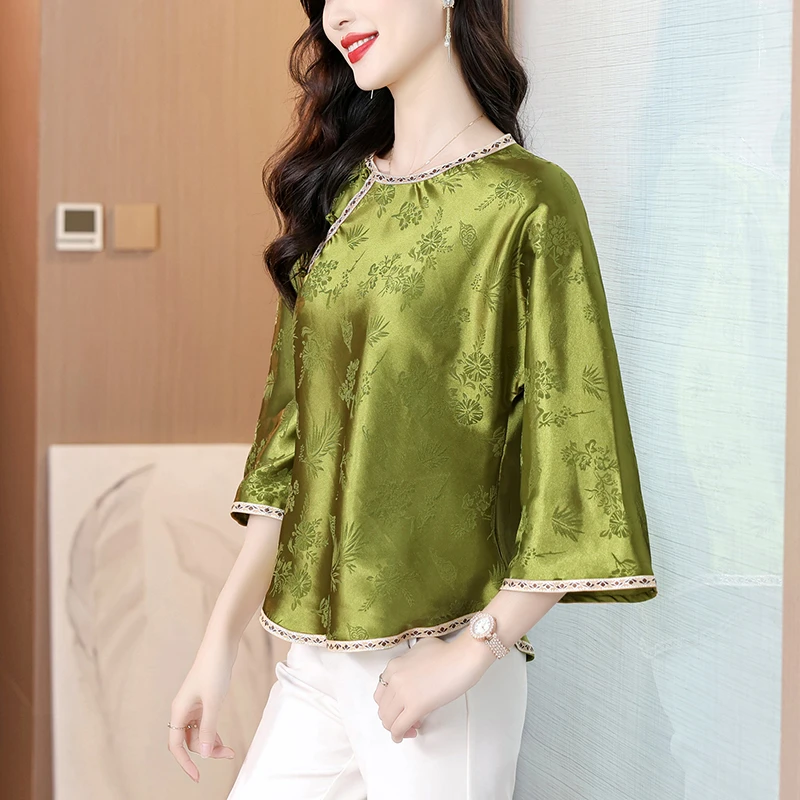 2025春夏新款新中式复古桑蚕丝提花上衣宽松显瘦衬衫国风T恤小衫