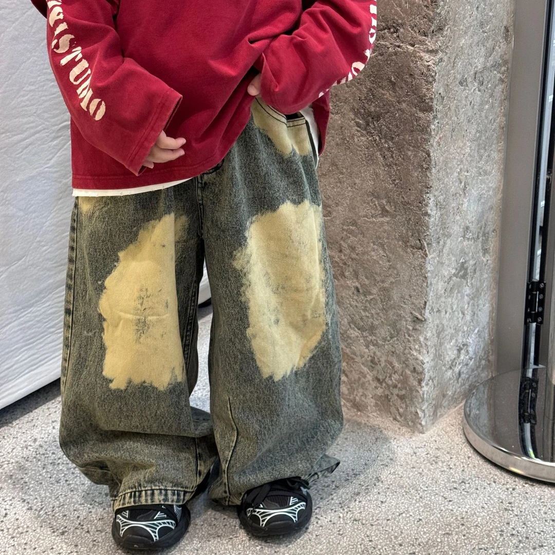 2025秋季新款男童复古美式牛仔长裤儿童设计感百搭牛仔裤潮